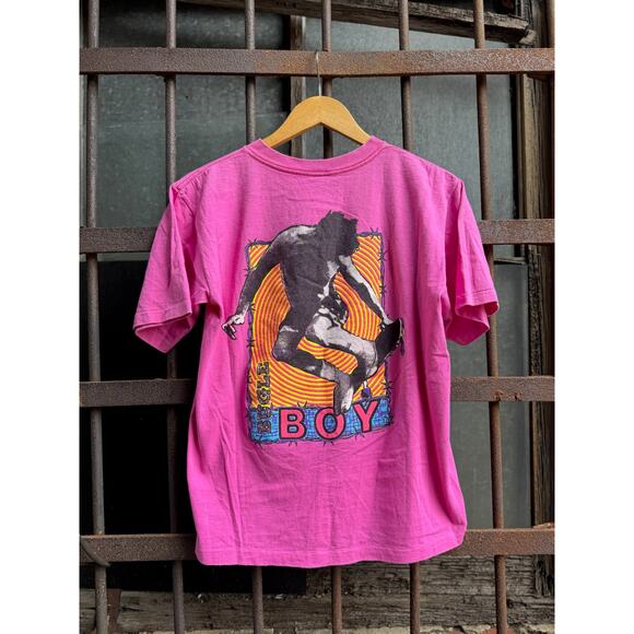 80s Bugle Bloy Neon Pink Graphic Logo Tee Mens Size XL (fits like Med) - Picture 4 of 5